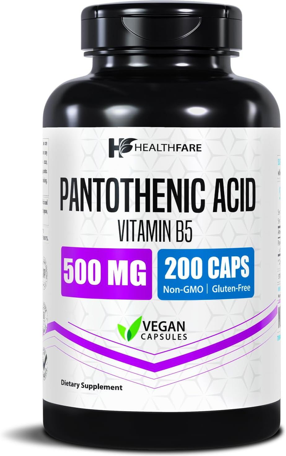 Healthfare Pantothenic Acid 500mg Vitamin B5 Supplement | 200 Vegan Capsules | Extra Strength Energy & Metabolism Support | Non-GMO, Gluten-Free | Made in USA