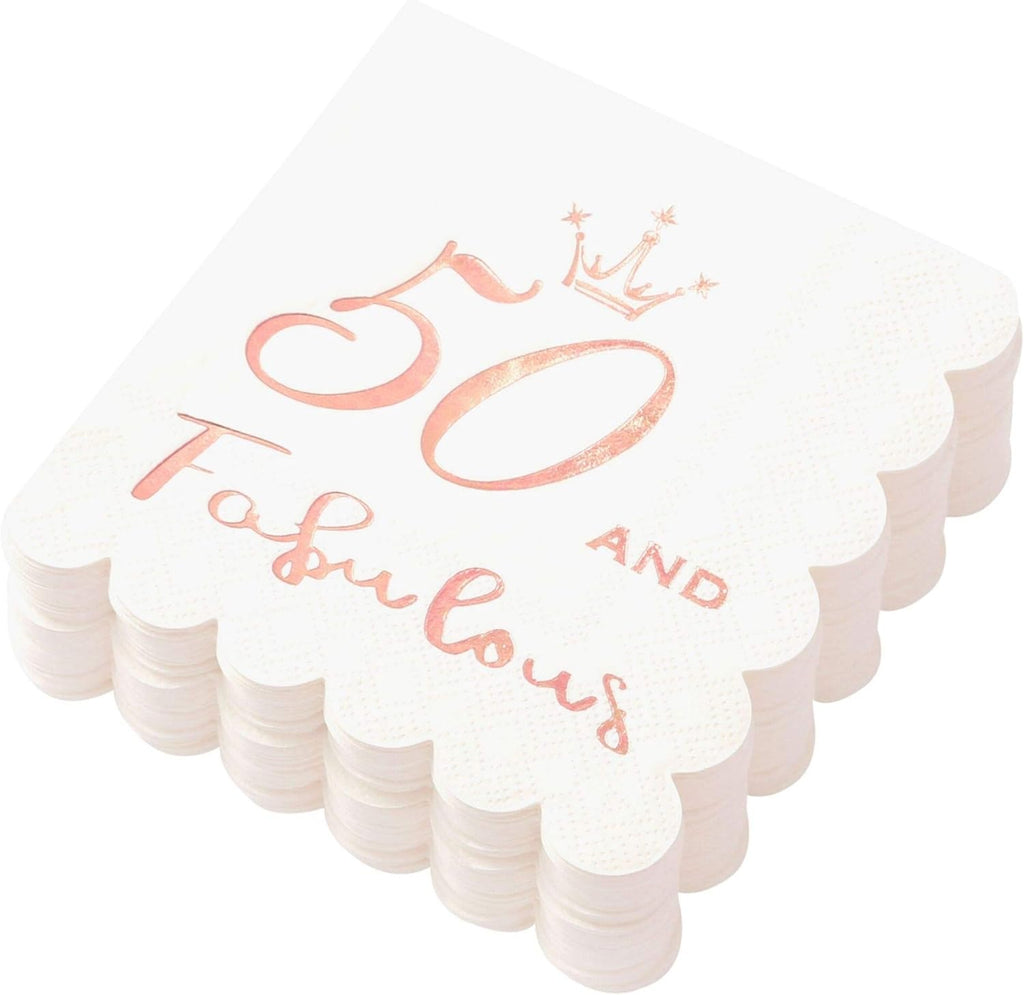 50 and Fabulous Cocktail Napkins Rose Gold - 50th Birthday Decorations for Women, Folded 5x5 Inches Disposable Party Napkins, 3-Ply Paper Beverage Napkins, 50th Birthday Napkins, Wedding Anniversary