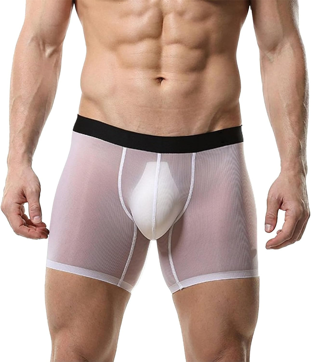Mens See Through Underwear Mesh Ice Silk Boxers Briefs Transparent Sexy Pouch Underpants Extended Anti Crotch Shorts