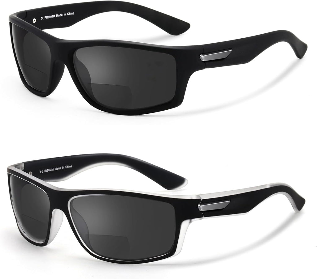 Missfive 2-Pack Mens Ultimate Bifocal Sunglasses with Readers Built In Sporty Upgraded Wrap Frame, UV400 Protection Driving & Reading Glasses for Outdoor +2.5
