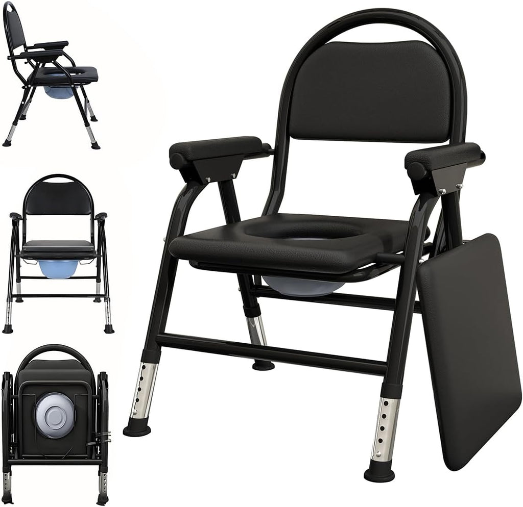 4 in 1 Folding Bedside Commode Chair for Elderly with Adjustable Height, Toilet Seat with Arms Handles and Back Support, Adults Potty Chair with Paper Roll Holder for Seniors, Disabled (Black)
