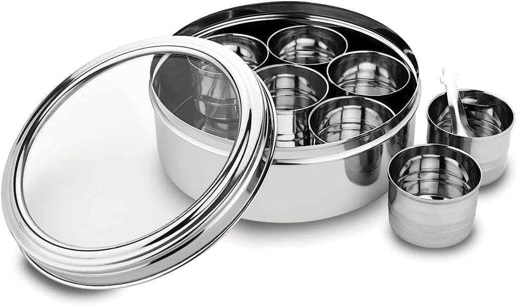 Nature's Own Stainless Steel Indian Spice Box/Masala Box/Masala Dabba/Spice Container - 7 Containers, Steel Masala Box/Spice Dabba/Spice Box, Spice Box for Chefs (Small)