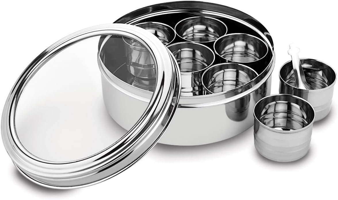 Nature's Own Stainless Steel Indian Spice Box/Masala Box/Masala Dabba/Spice Container - 7 Containers, Steel Masala Box/Spice Dabba/Spice Box, Spice Box for Chefs (Small)