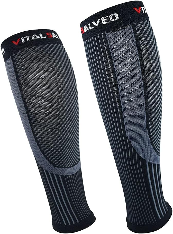 Vital Salveo Recovery Calf Compression Sleeves. Fit for Cycling Running Travel Pregnancy Nurses Calf Pain Relief-(1Pair)-Black with Srtipe-M