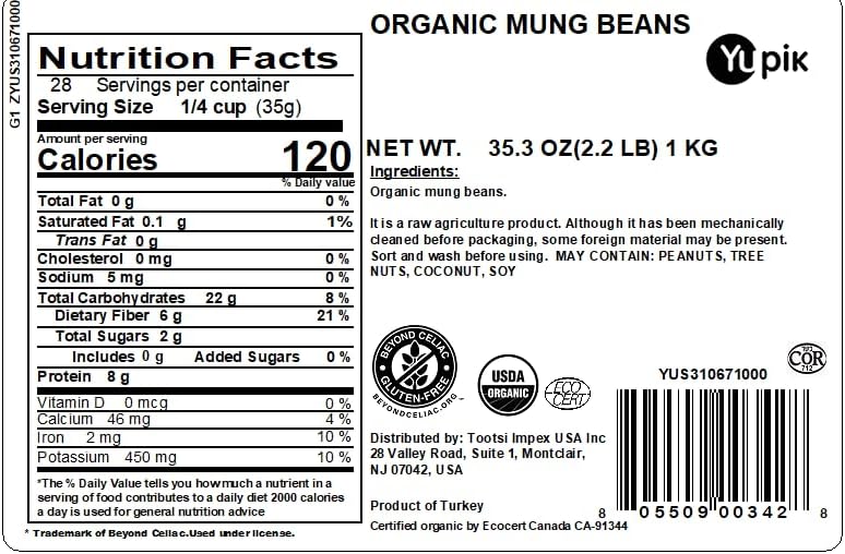 Yupik Organic Mung Beans, 2.2 lb (35.3 oz), USDA Certified, Kosher, Gluten-Free, Dried Legumes, Excellent Source of Protein & Fiber, Perfect for Sprouting, Soups & Salads