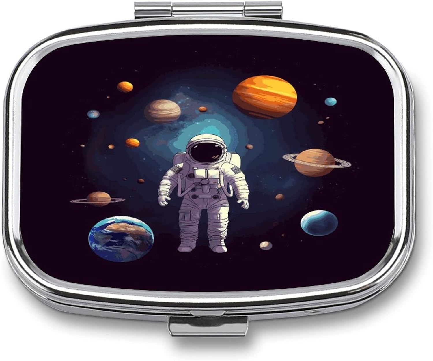 Astronaut Solar System Planets Pill Box Medicine Pill Organizer Small Pill Case Travel Pill Container Portable Pill Case for Pocket 2 Compartment Pill Holder Pill Boxes for Travel