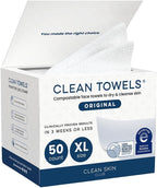 Clean Skin Club Clean Towels XL®, 100% USDA Biobased Face Towel, Disposable Face Towelette, Eczema Association Accepted, Makeup Remover Dry Wipes, Ultra Soft, 1 Pack, 50 Ct