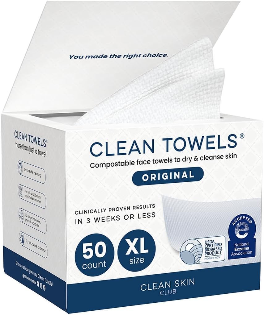 Clean Skin Club Clean Towels XL®, 100% USDA Biobased Face Towel, Disposable Face Towelette, Eczema Association Accepted, Makeup Remover Dry Wipes, Ultra Soft, 1 Pack, 50 Ct
