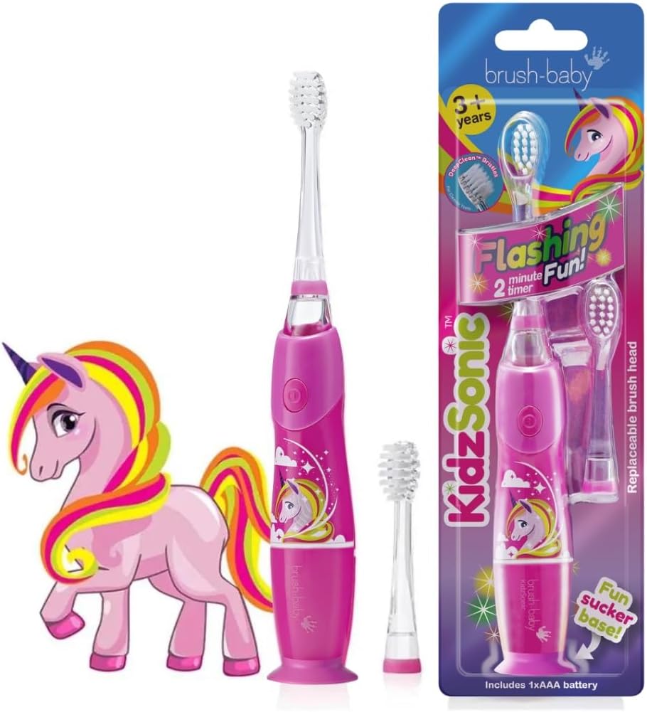 brush-baby - KidzSonic Unicorn Kids Electric Toothbrush for Ages 3+ with Disco LED Lights, Gentle Sonic Vibrations, 2-Minute Smart Timer & 30‑Second Pulse Reminders – AAA Battery Included