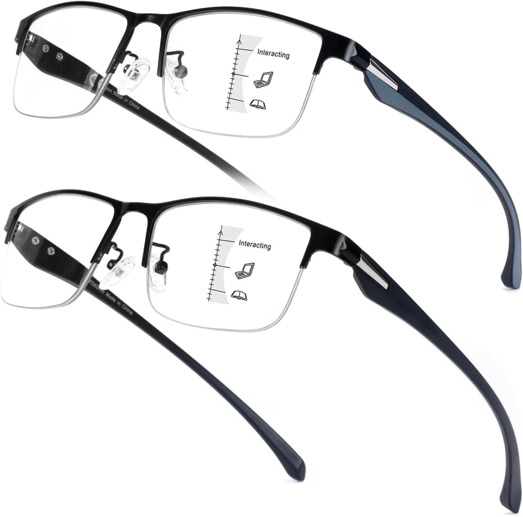 SKYOAK 2 Pack Premium Quality Progressive Multifocus Half Frame Reading Glasses for Men, No-Line Blue Light Blocking Computer Readers Multifocal Eyeglasses with TR90 Temples, Black and Gunmetal +1.5x