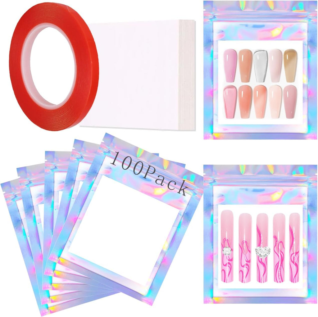 100PCS Press on Nail Packaging Bag and 100PCS White Cardboard Tips Packaging Bags Empty Holographic Storage Bags With 1 Roll Transparent Tape for Press on Business (Laser, Small)