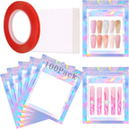 100PCS Press on Nail Packaging Bag and 100PCS White Cardboard Tips Packaging Bags Empty Holographic Storage Bags With 1 Roll Transparent Tape for Press on Business (Laser, Small)