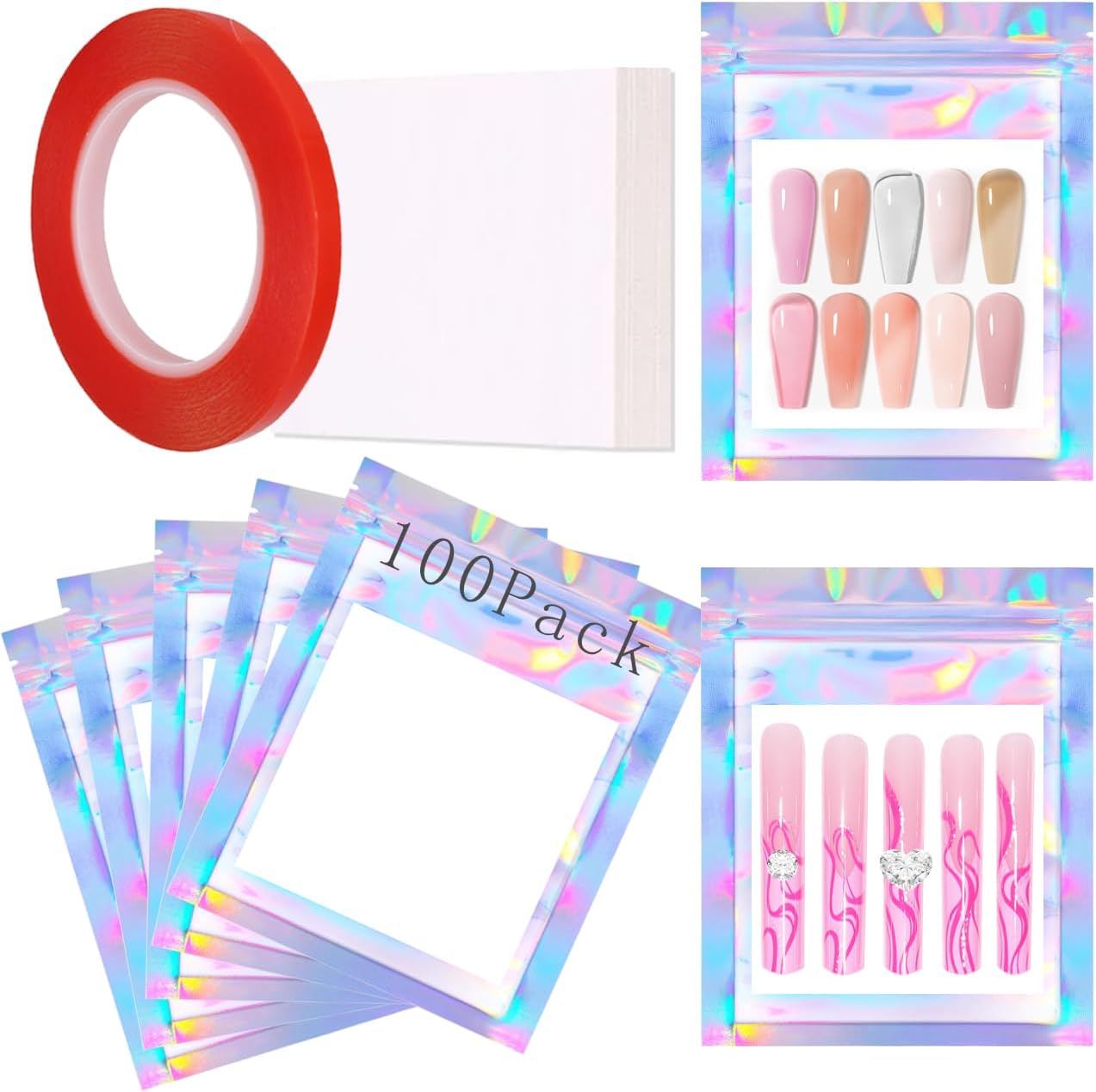 100PCS Press on Nail Packaging Bag and 100PCS White Cardboard Tips Packaging Bags Empty Holographic Storage Bags With 1 Roll Transparent Tape for Press on Business (Laser, Small)