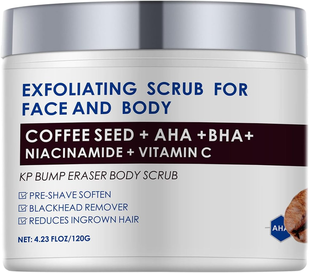 KP Bump Eraser Body Scrub with 10% AHA BHA Ingrown Hair Keratosis Pilaris Razor Bump Treatment Exfoliating Body Scrub Exfoliant Face Scrubs for Strawberry Leg Pre-shaven Blackhead 4.23OZ