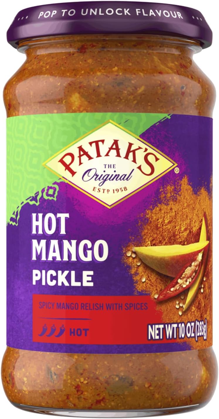 Patak’s Hot Mango Pickle - Authentic Indian Relish w/Mango Chunks, Mustard Seeds & Aromatic Spices – Perfect for Sandwiches, Salads & Cold Meats - Vegan Spicy Pickle - 10oz Jar (Pack of 1)