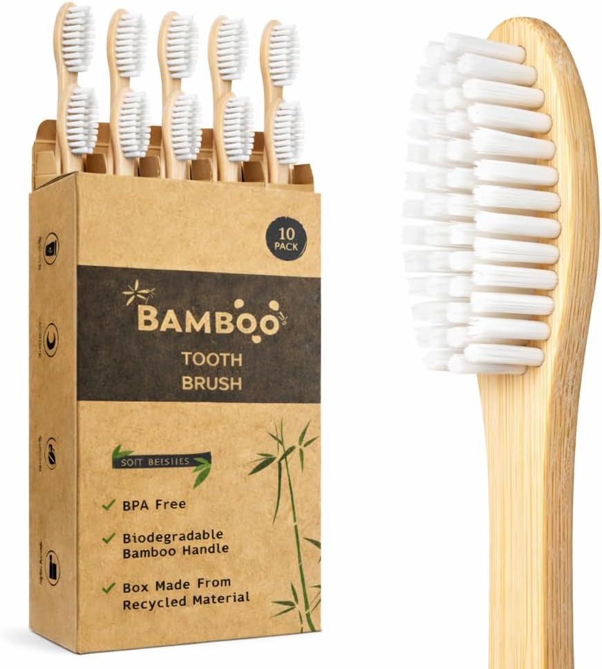 Bamboo Toothbrush Set – Eco-Friendly Wooden Toothbrushes, 10 Pack, Soft Bristles for Adults & Family