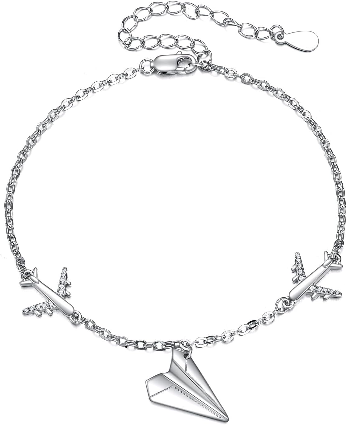 Paper Airplane Bracelet for Women S925 Sterling Silver Adjustable Hypoallergenic Charm Bracelet Anklet Jewelry Graduation Birthday Gifts