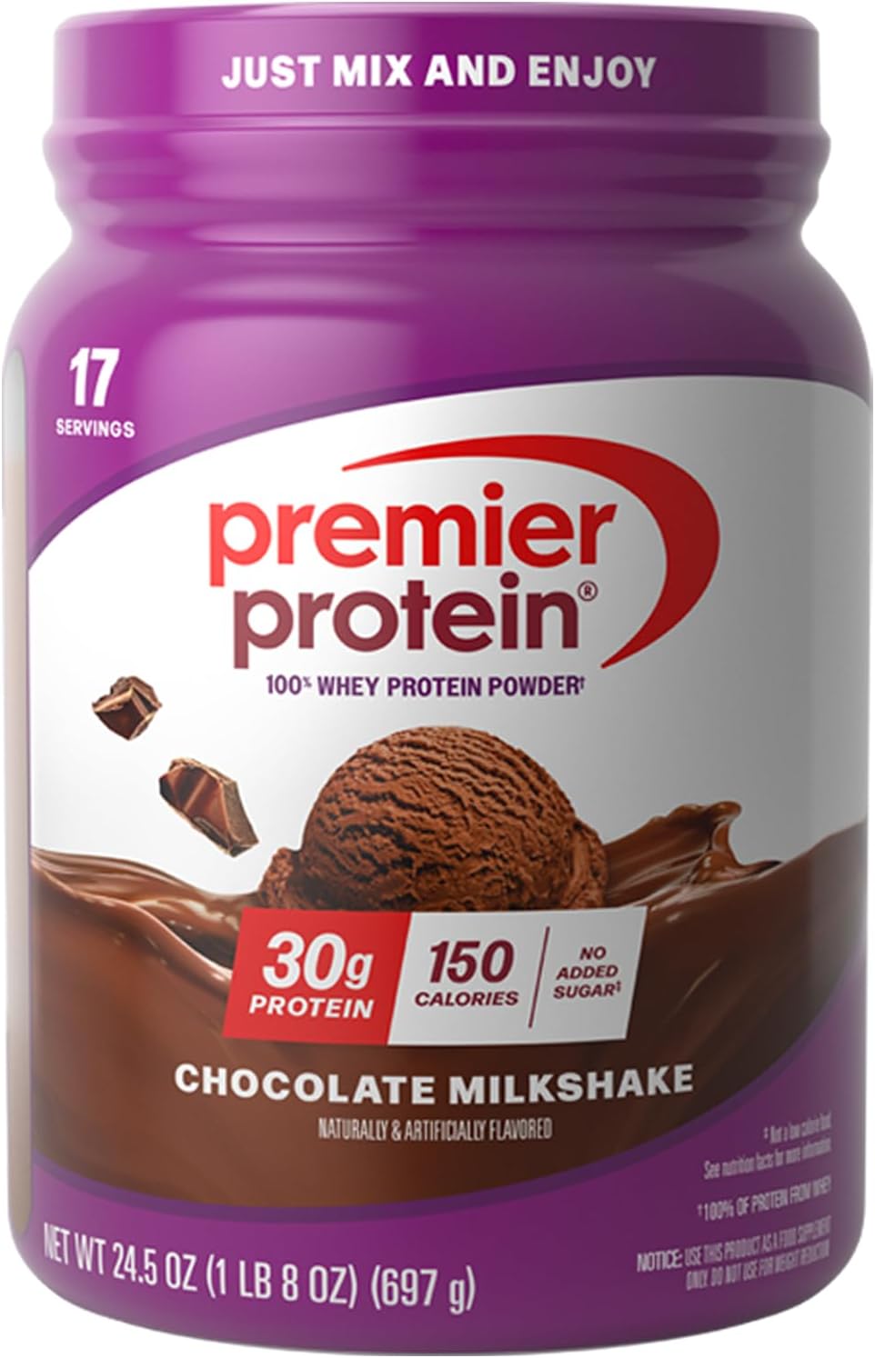 Premier Protein Powder, Chocolate Milkshake, 30g Protein, No Added Sugar, 100% Whey Protein, Keto Friendly, Soy & Gluten Free, 24.5 oz (17 Servings)