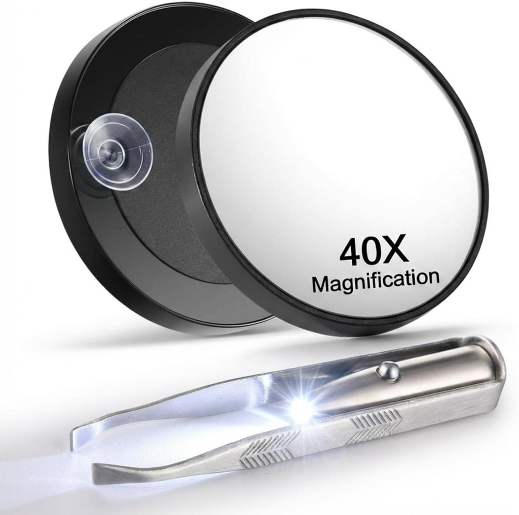 LED Lighted Tweezers & 40X Magnifying Mirror with Suction Cup Set, 2 in 1 Hands-Free Makeup Mirror with Light and Precision Light Up Tweezers