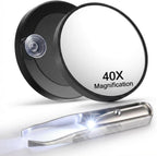 LED Lighted Tweezers & 40X Magnifying Mirror with Suction Cup Set, 2 in 1 Hands-Free Makeup Mirror with Light and Precision Light Up Tweezers