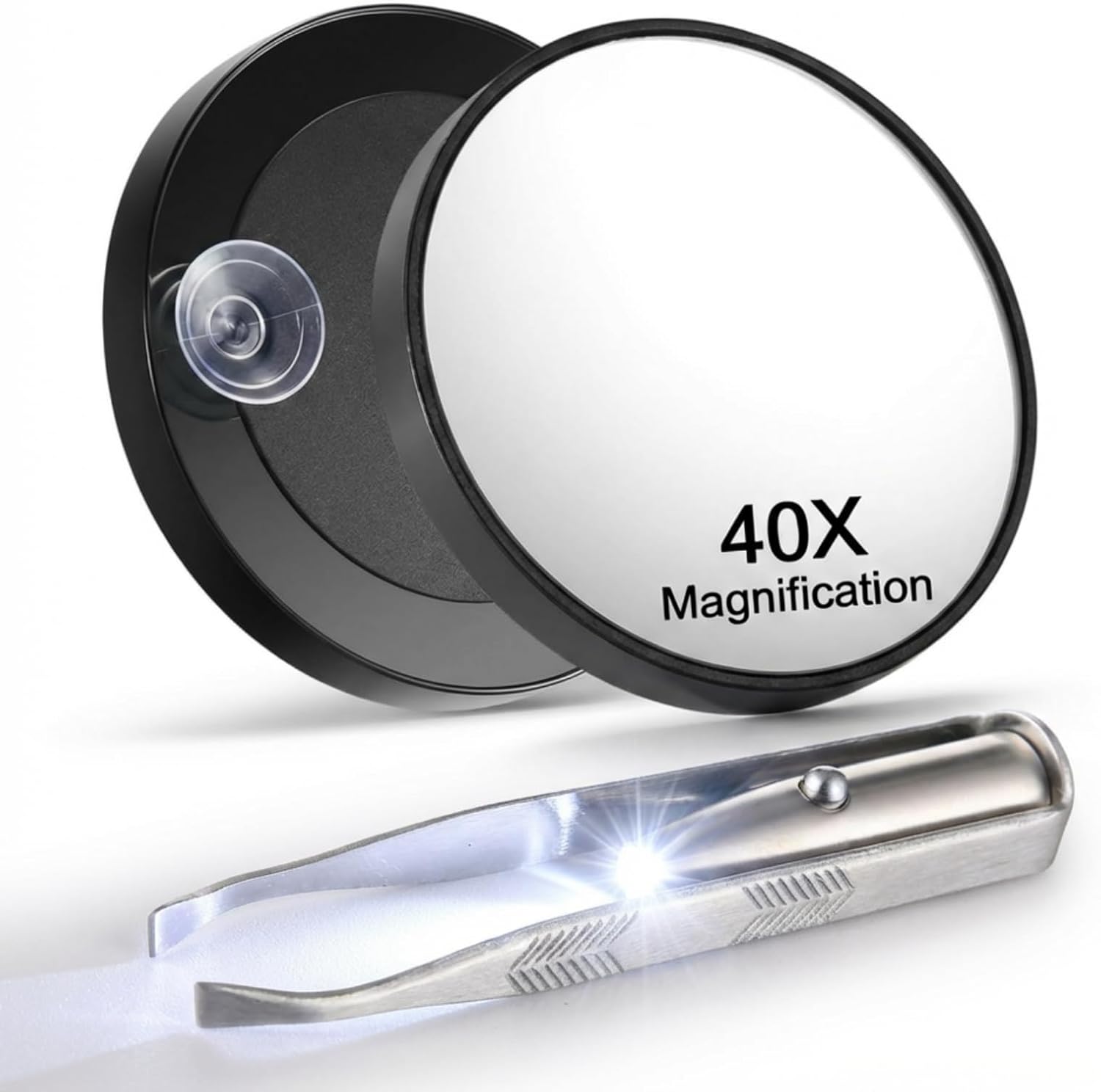 LED Lighted Tweezers & 40X Magnifying Mirror with Suction Cup Set, 2 in 1 Hands-Free Makeup Mirror with Light and Precision Light Up Tweezers