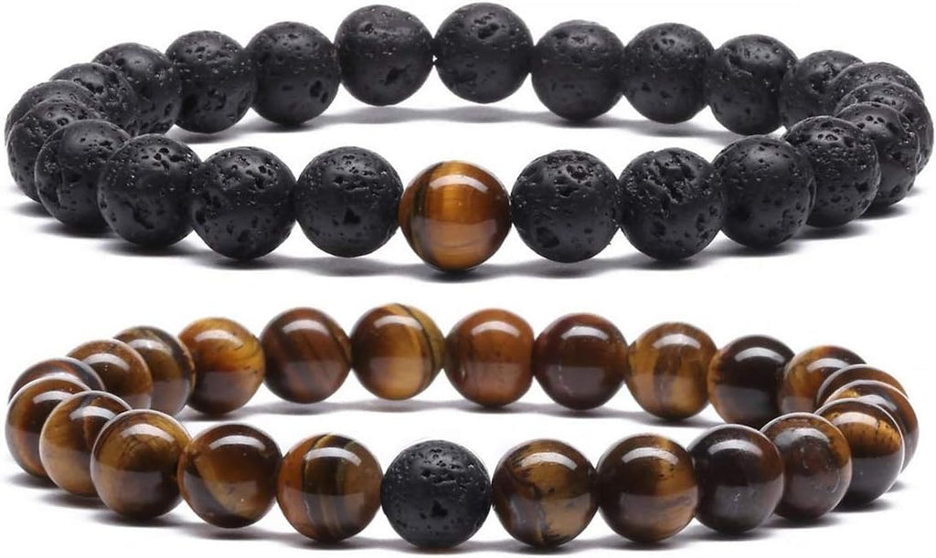 MengPa Mens Beaded Bracelets Couples Matching Bracelet Set Lava Rock Beads for Women Stone Jewelry