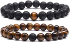 MengPa Mens Beaded Bracelets Couples Matching Bracelet Set Lava Rock Beads for Women Stone Jewelry