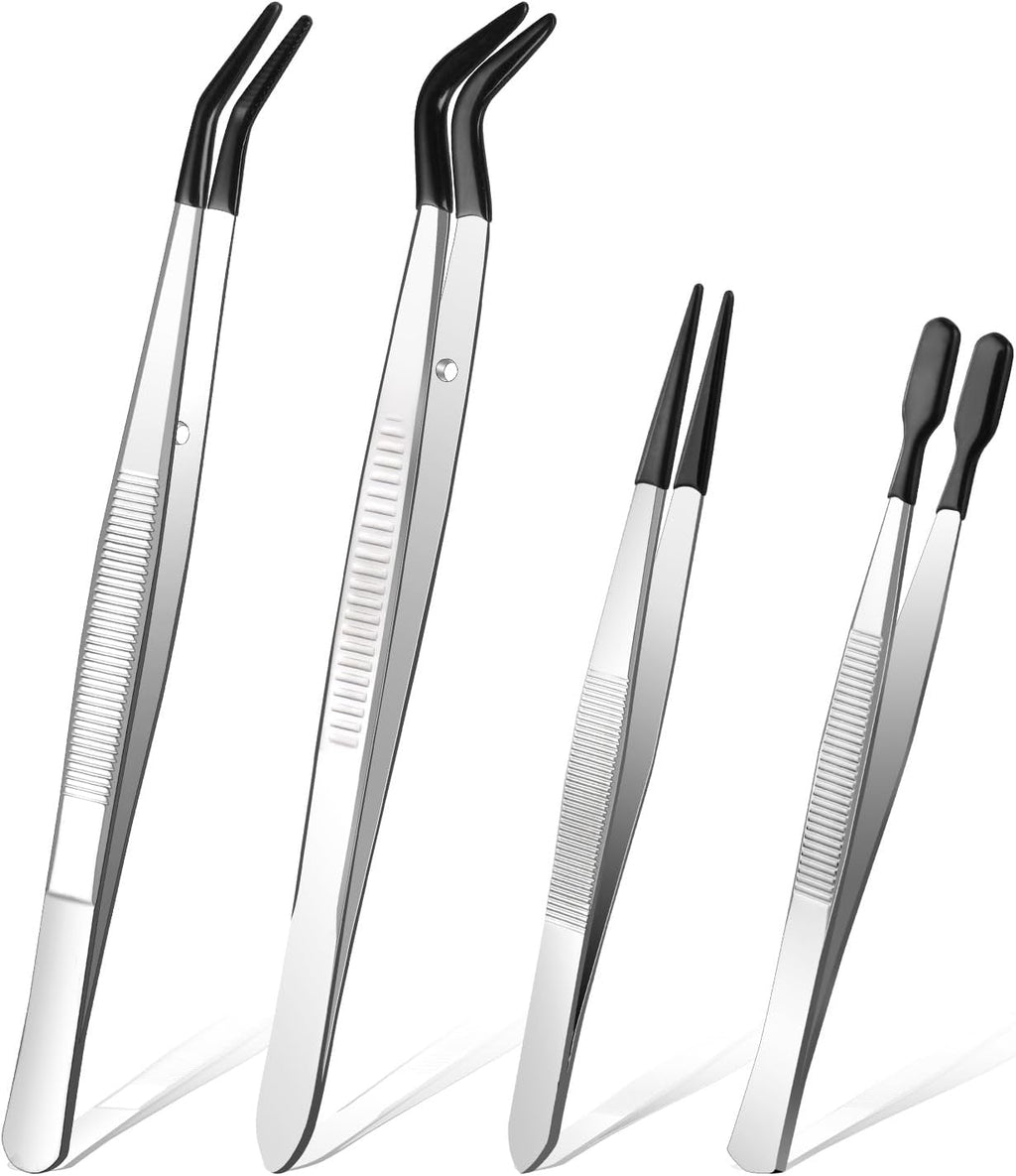Ainiv 4pcs Tweezers with Rubber Tips, PVC Coated Tweezers Set, Rubber Straight/Flat/Long Curved Tips Non Marring Tweezers for Jewelry Crystals Bead, Crafts Making, Lab Stainless Steel Tweezer Tool