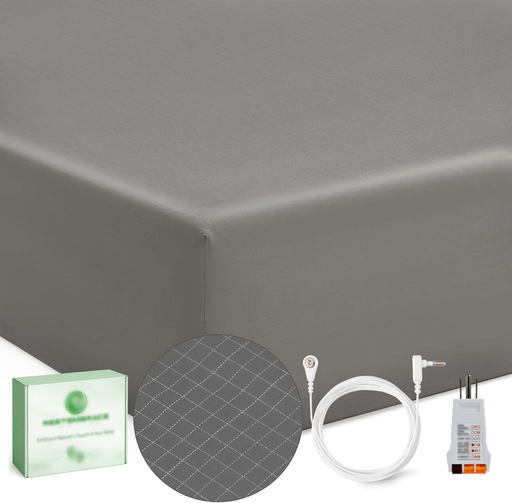 Grounding Sheets King 25% Silver Fiber 75% Organic Cotton with Outlet Tester and Test Pen, Grounded Bed Sheet Kit Earth Connected Bedding for Bed (Gray, King)