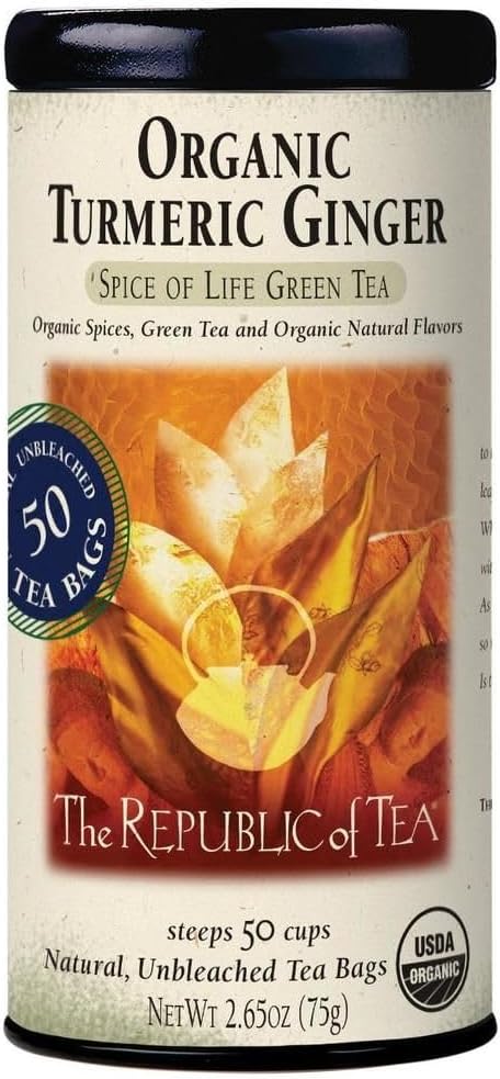 The Republic of Tea - Organic Turmeric Ginger Green Tea Tin, 50 Tea Bags, Naturally Caffeinated