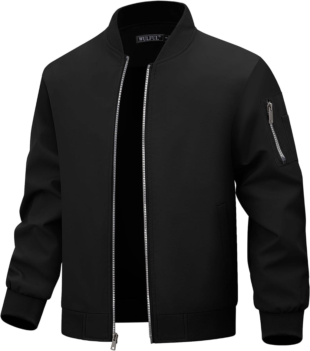 WULFUL Men's Bomber Jacket Lightweight Casual Windbreaker Zip Up Coat with Pocket