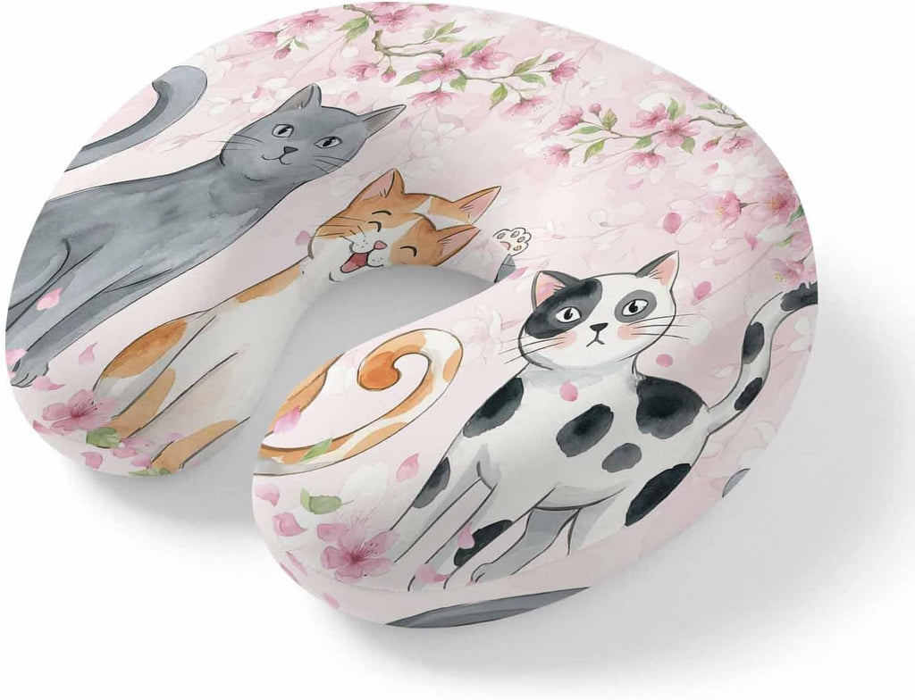 Cherry Blossom Cats Neck Pillow Memory Foam U Shaped Travel Pillow, Pink Spring Modern Farmhouse Floral Neck Support Pillows Decorative Headrest Cushion for Airplane Sleeping Car Office