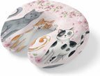 Cherry Blossom Cats Neck Pillow Memory Foam U Shaped Travel Pillow, Pink Spring Modern Farmhouse Floral Neck Support Pillows Decorative Headrest Cushion for Airplane Sleeping Car Office
