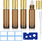 DTDNZKN 4 Pack of 0.34 Oz (10ml) Essential Oil Roller Bottles - Refillable, Leak-proof Amber Glass Roll-on Bottles with Stainless Steel Roller Balls, Metal Caps, and Labels Included