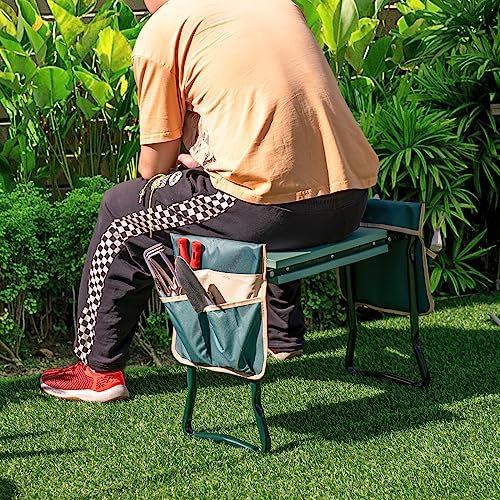 Goplus Garden Kneeler and Seat, Foldable Garden Bench for Kneeling & Sitting, Widened 8" EVA Soft Foam Pad, Heavy-Duty Garden Stool w/ 2 Large Tool Pouches, Gardening Gift for Women Men Seniors