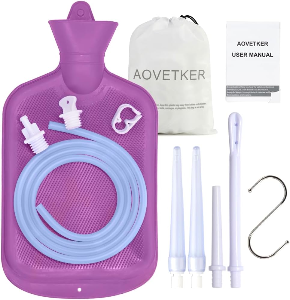 Enema Bag Kit for Women & Men, Colon Cleanse Enema Bag 2L with 4 Tips & Flow Control Clamp, 5ft Hose, Hook, Storage Bag