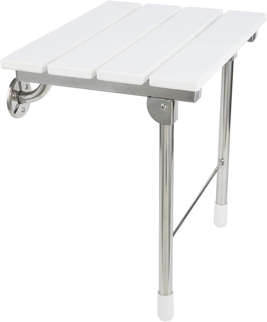 Folding Shower Seat Wall Mounted with Legs, Foldable Shower Chair for Inside Shower, Fold Down Shower Bench for Seniors (White, Fixed Height)