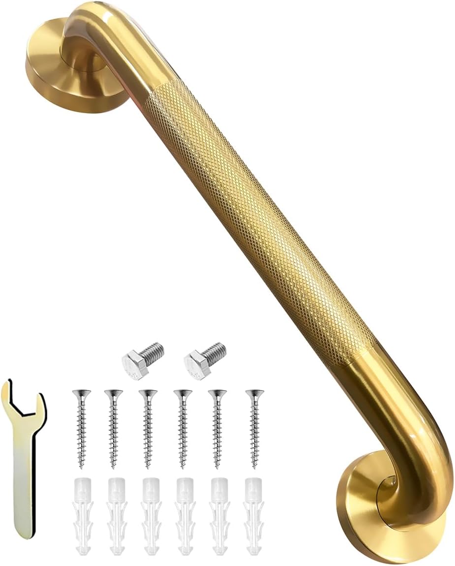 Shower Grab Bar for Bathroom, Anti-Slip Safety Grab Bar for Bathtub Toilet Staircase Stainless Steel Textured Grip Bath Handle Handrail for Elderly (Oil Bronze Gold, 16" L x 1-1/4" D)