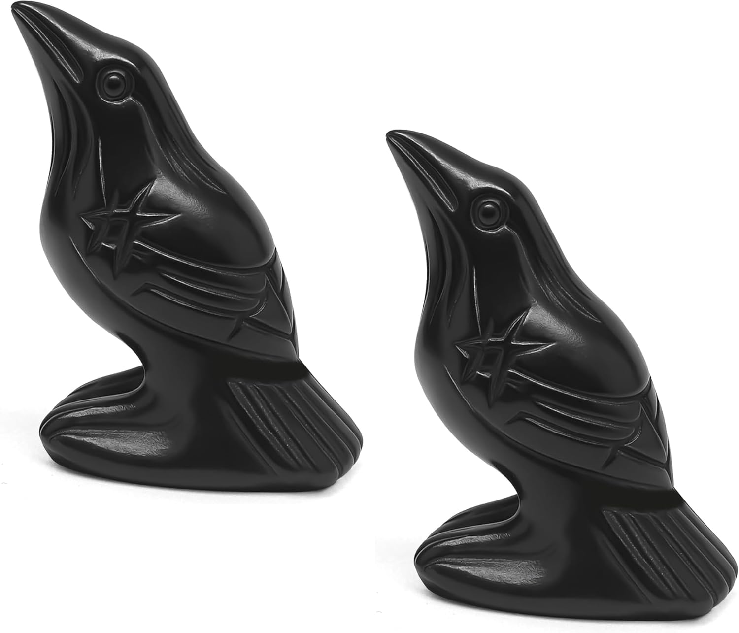 2Pcs Raven Statue Figurine, Black Crow Decor Sculpture, 2 Inch Natural Stone Creative Bird Ornament, Obsidian Crystal Stone Lucky Healing Guardian Animal Pocket Figure for Office Home Decoration Women