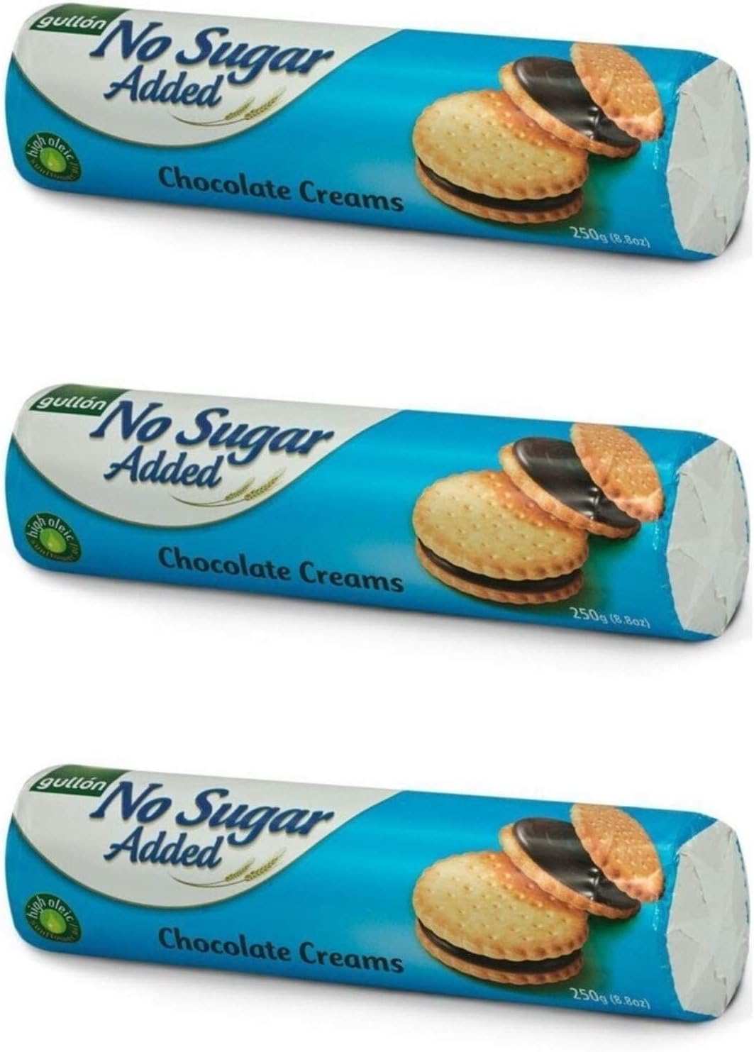 Gullon Sandwich Cookie Chocolate Cream, NO Sugar Added ‑ 8.8 oz 250g (Pack of 3)