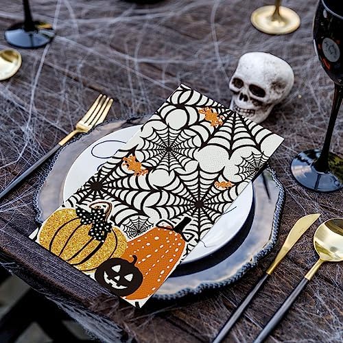 Horaldaily 100 Halloween Disposable Paper Decorative Guest Napkins, Scary Themed Cobweb Pumpkins Hand Towel for Party Lunch Dinner Kitchen Bathroom