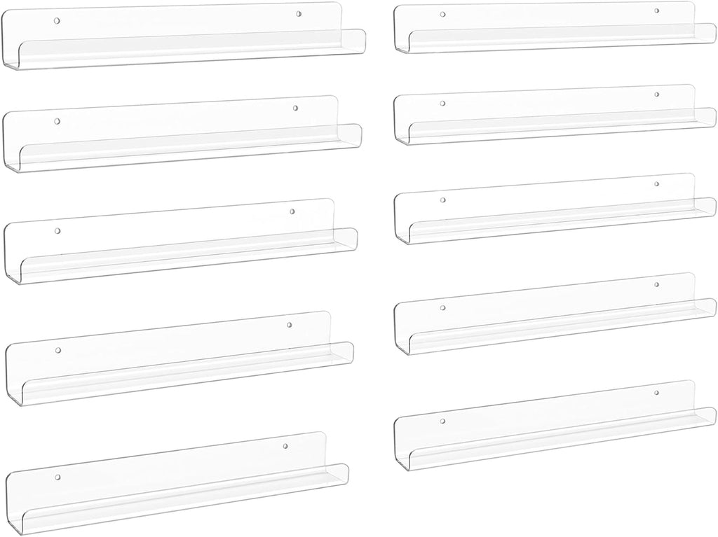 upsimples 10 Pack Clear Acrylic Shelves, 1.7" x12" Clear Wall Shelves for Nail Polish, Vinyl Wall Mount, Record Holder, Magazine Rack, Comic Display, Picture Ledge Shelf Décor