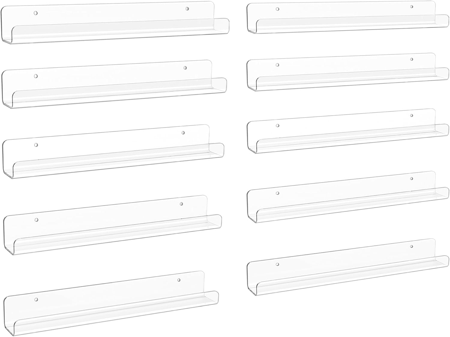 upsimples 10 Pack Clear Acrylic Shelves, 1.7" x12" Clear Wall Shelves for Nail Polish, Vinyl Wall Mount, Record Holder, Magazine Rack, Comic Display, Picture Ledge Shelf Décor