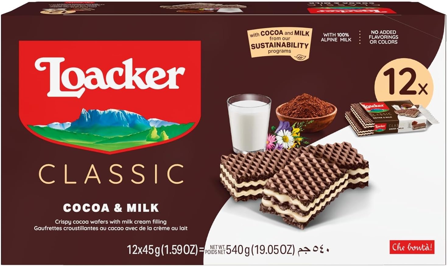 Loacker Classic Cocoa & Milk Wafers - Premium Crispy Cocoa Wafer Cookies with Milk Cream Filling - Multipack of 12 Snack Packs - NON-GMO - 45g/1.59oz, Pack of 12