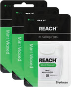 REACH Waxed Dental Floss,Mint,Plaque Remover for Teeth,Shred Resistant,Floss Slides Smoothly,Easy to Use,Waxed,Deep Cleaning Teeth,Oral Care,PFAS Free,for Adults & Kids,55 yd,(Pack of 3)
