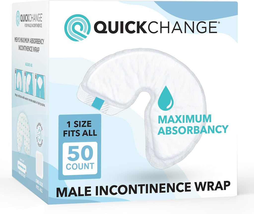 QuickChange Men's Incontinence Wrap, Maximum Absorbency Catheter Alternative for Males with Reduced Mobility | 17 Ounce Capacity, Adjustable Size, 50-Count