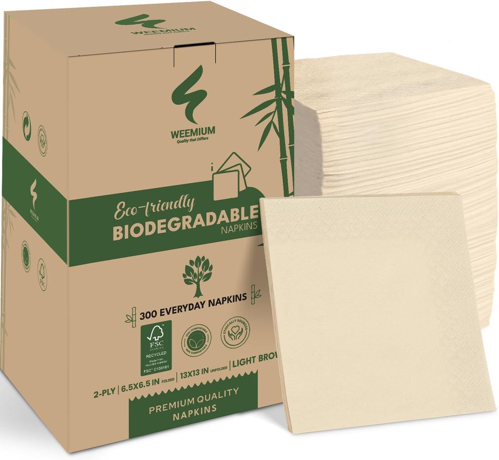 Weemium Compostable Napkins Disposable - FSC Certified - 300 Pack, 2-Ply - 6.5 x 6.5 Inch Folded - Post-Consumer Recycled Material - Biodegradable & Highly Absorbent Paper Napkins for Lunch & Dinner