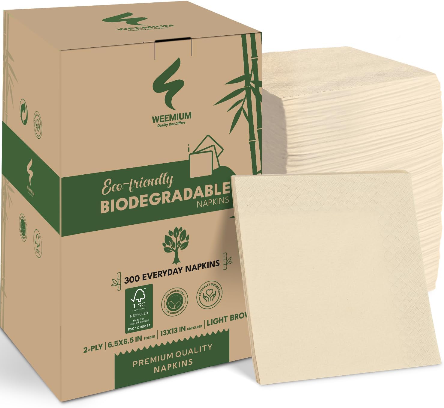 Weemium Compostable Napkins Disposable - FSC Certified - 300 Pack, 2-Ply - 6.5 x 6.5 Inch Folded - Post-Consumer Recycled Material - Biodegradable & Highly Absorbent Paper Napkins for Lunch & Dinner