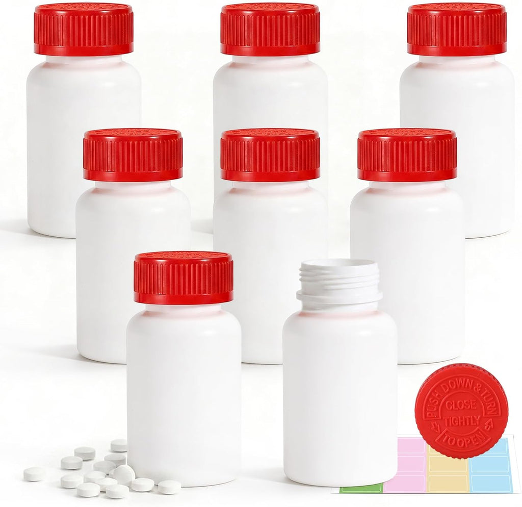 DEMORA Pill Bottle Empty with Child Resistant Cap, Wide Mouth Travel Small Pill Bottle Plastic Medicine Containiers Medicine Organizers for Medications Capsules (5 oz, 8 Pcs)