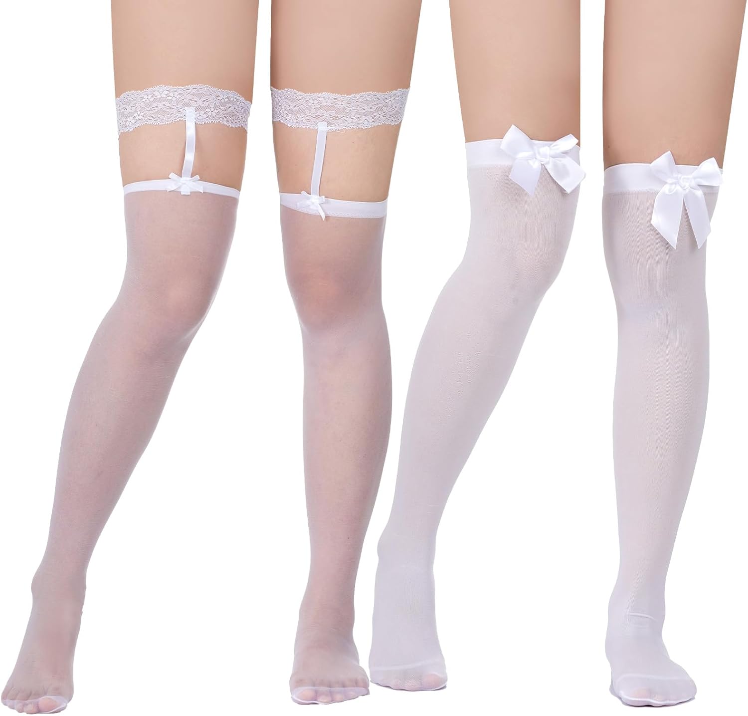 Nydotd 2 Pairs Women's Thigh High Stockings Satin Bow Stockings Silky Sheer Bow Suspenders Pantyhose for Women
